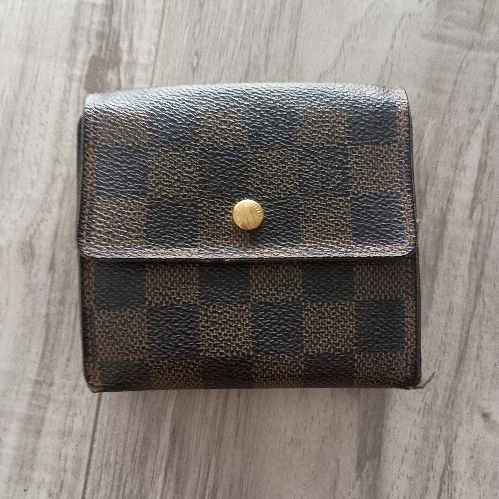 LOUIS VUITTON LV Vintage Damier Check Leather Wallet Brown Medium Trifold Elise